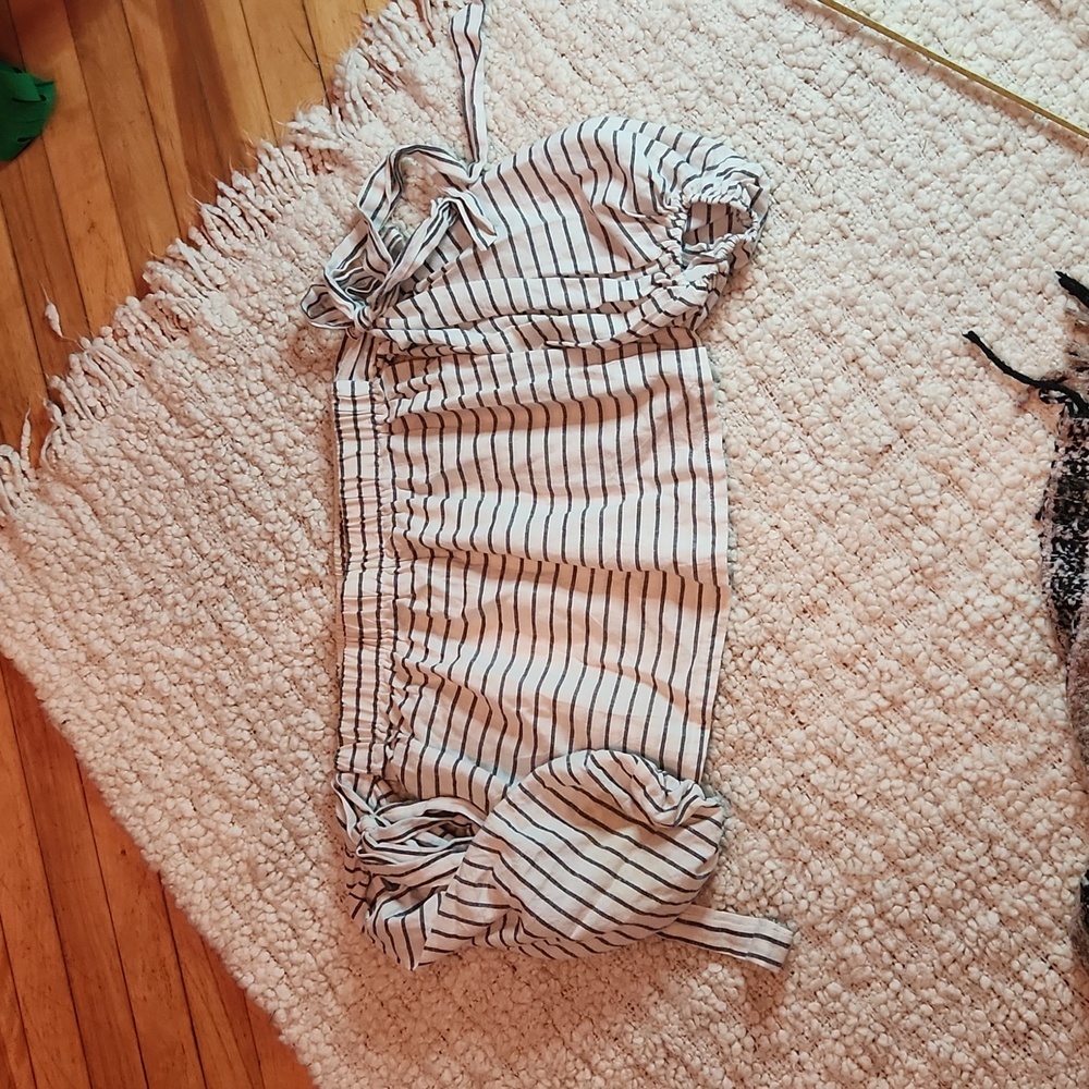White and grey striped off the shoulder bell sleeve blouse by Paper Heart